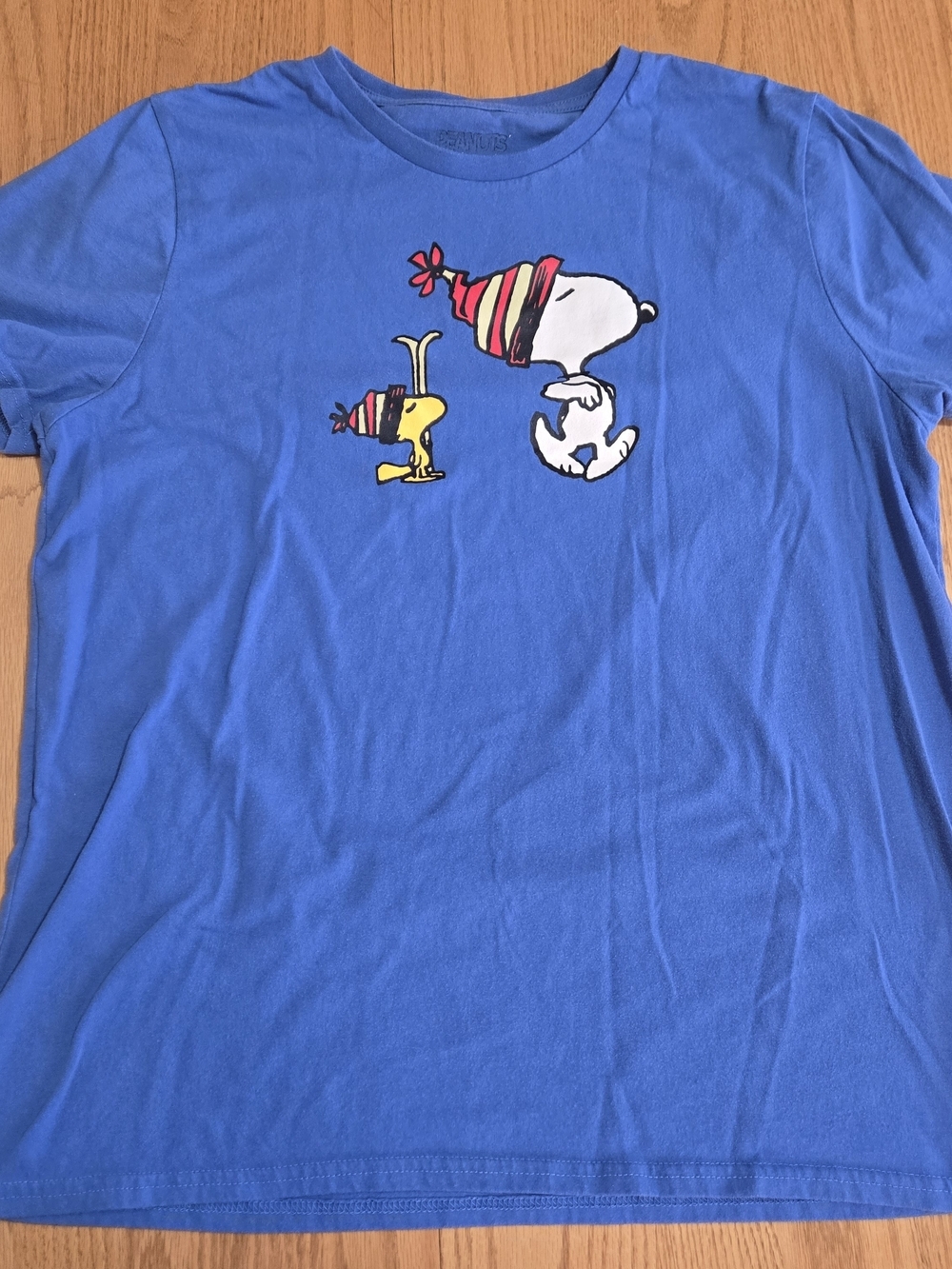 Peanuts Snoopy Woodstock Winter Ski Blue Graphic Tee Double Sided L Approx